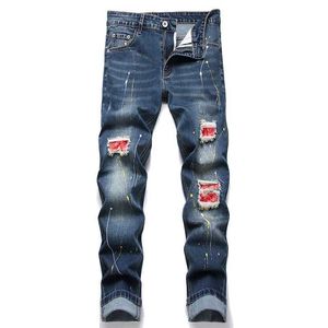 Jeans masculinos 2024 Nuevos jeans retro para hombres Lavados azules elásticos ultra delgados Patios de mezclilla Patch Fashion Paint Dots Hip Hop Mens pantalones J240527