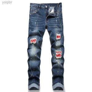 Jeans masculinos 2024 Nuevos jeans retro para hombres Lave azul elástico ultra delgado Pantalones de mezclilla Patch Fashion Paint Dots Hip Hop Mens pantalonesl244