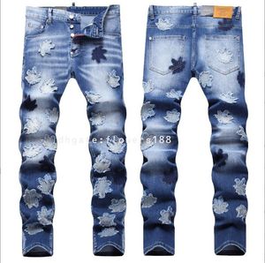 Jeans masculins 2024 Nouvelle rue Street Trendy Jeans pour hommes personnalisés Maple Leaf épisser le pantalon mid-crayon à la mode à la mode