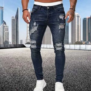 Jeans masculins 2024 Nouveau jean serré à la déchirure masculine vintage lavage élastique trou de bicycle en jean décontracté pantalon de jogger ultra mince streetwearl2405