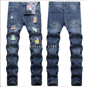 Jeans masculins 2024 nouveau pantalon automne, jeans de patch déchiré masculin, pantalon de crayon laqué mince de chariot kaki jeans khaki jeans khaki