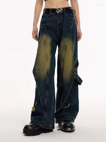 Jeans pour hommes 2024 rétro robuste lavé jaune boue épissé conception haute rue droite jambe large pantalon pour hommes à la mode