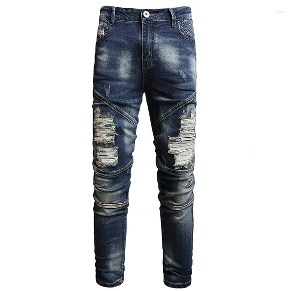 Jeans para hombres 2024 Diseño de moda rasgado Pantalones de motocicleta de calle Empalme Retro Flaco Fiesta Guapo Largo