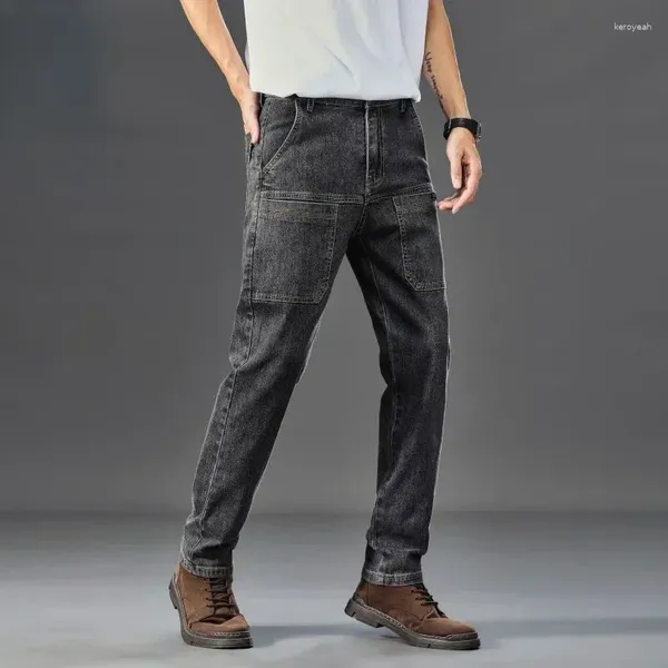 Jeans para hombres 2024 Seis bolsillos Conveniente Cargo Marca de moda Juventud Pantalones de trabajo rectos Slim Fit Bolsillo grande