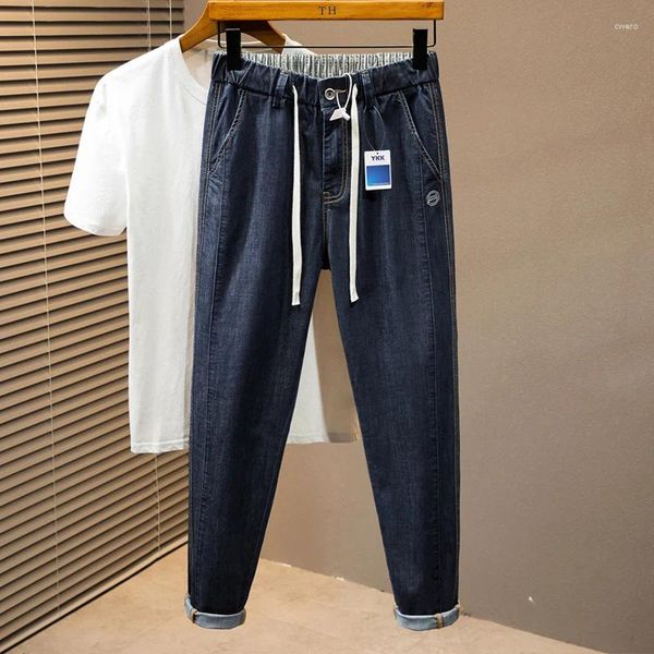 Jeans pour hommes 2024 printemps et été mince extensible recadrée grande taille cordon élastique bande lâche décontracté grande taille pantalon