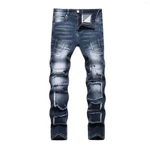 Jeans pour hommes 2024 Printemps Bleu foncé pour hommes Patchs Pantalon en denim lavé en détresse Mâle
