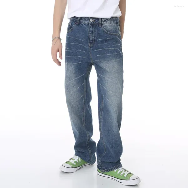 Jeans pour hommes 2024 Printemps Mode High Street Rétro Lâche Rayures Lavage Droit Personnalité Coréenne Fermeture Éclair Niche Coton