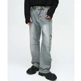 Heren jeans 2024 lente Koreaanse losse rits vaste kleur katoen hiphop vintage niche grote zakken bedenken high street