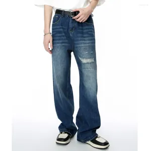 Jeans pour hommes 2024 printemps coréen vintage patchs trous concevoir lâche droite mode lavage fermeture éclair couleur unie décontracté coton