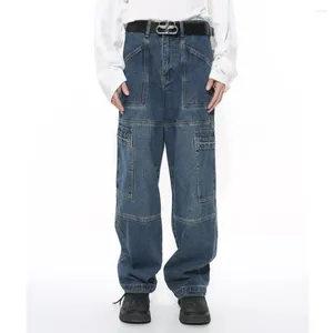 Jeans pour hommes 2024 printemps personnalité concevoir plusieurs poches lavage coréen fermeture éclair couleur unie coton haute rue lâche