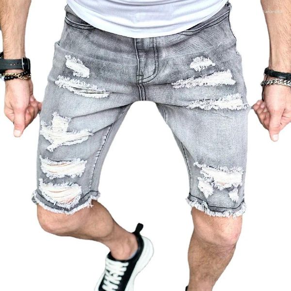 Jeans pour hommes 2024 Shorts en denim d'été pour le commerce extérieur: Capris élastique à la mode perforé personnalisé