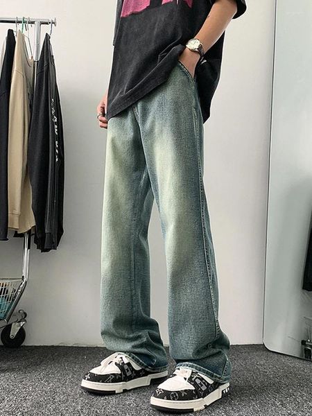Jeans masculin 2024 Été Flare Korean Fashion High Street rétro Blue Ligne Pantalon de jean décontracté droit pantalon en jean baggy