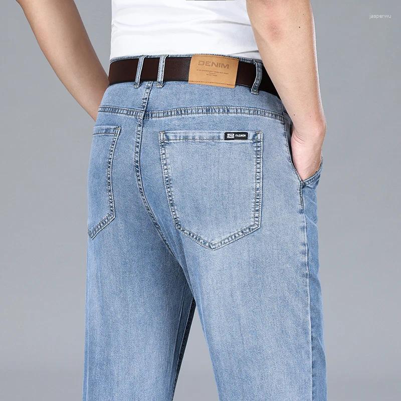 Männer Jeans 2024 Sommer Dünne Lyocell Eis Seide Drapieren Business Casual Elastische Denim Hosen Lose Gerade Hosen Marke Kleidung