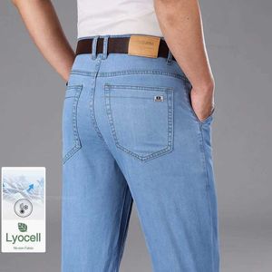 Heren jeans 2024 zomer ultradunne heren jeans lyocell ijs zijden drape zakelijke rechte casual denim broek rook grijs hoge taille broek y240507