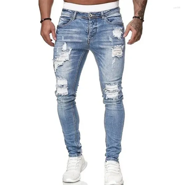 Jeans masculinos 2024 Patch de moda rasgado ajustado Pantalones de mezclilla delgado de mezclilla