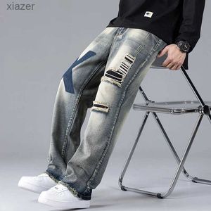 Jeans masculin 2024 Jeans tendance avec des trous pour hommes et jambe droite rétro patch large jambe de jambe décontractée pantalon s-2xl wx