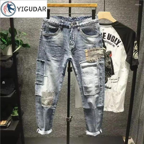 Jeans masculin 2024 Vintage Fashion luxe coréen style décontracté slim slim fit denim patchwork hip-hop pour hommes déchirés