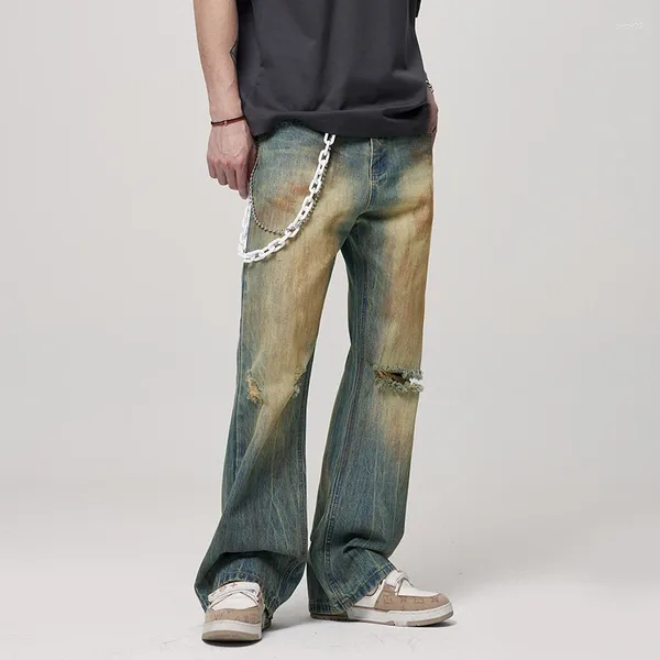 Jeans pour hommes 2024 Y2K High Street Jaune Boue Teint en détresse Ruan Shuai Ripped Fashion Brand Retro Casual Pantalon ample