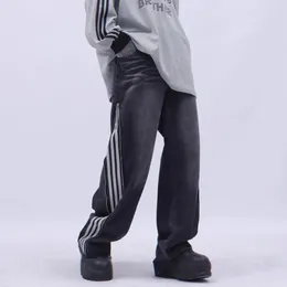 Jeans voor heren 2024 Y2K streetwear gewassen zwart gestreepte wijde broek voor mannen kleding zijrits rechte losse hiphop oude denim broek