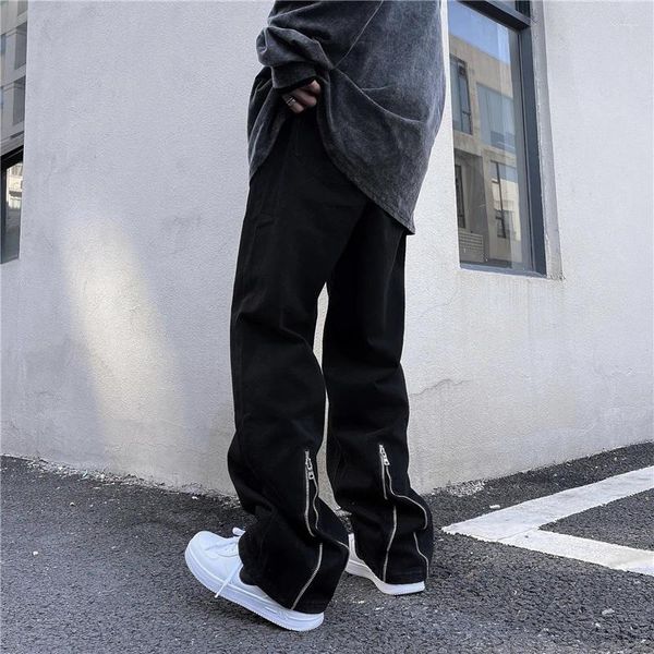 Jeans masculin 2024 Zipper Coréen Version étudiante Pantalon décontracté High Street Straight Loose Jambe Black Baggy Tableau C59