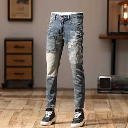Jeans masculinos 2024 Coloque Smart Mens Motorcycle Tendy Patchwork Fashion High-End Stretch Slim Fit Pants Skinny Q240509