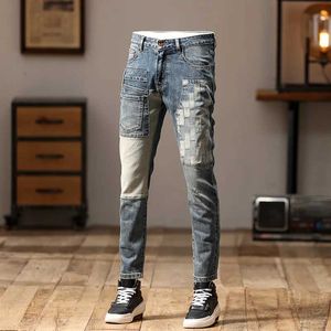Jeans masculins 2024cool Smart Mens Motorcycle TRENDY Patchwork Fashion Rétro Slim Slim Fit Pantalon Skinny Q240509