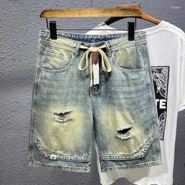 Jeans masculin 2024street tendance personnalité patchwork tongs malin trou de denim midi short rétro nostalgie pantalon bleu