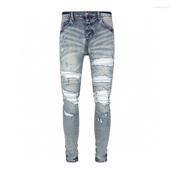 Jeans pour hommes 23 arrivées mode Streetwear bleu en cuir blanc en détresse Patchwork Slim Denim pantalon pour hommes pantalons