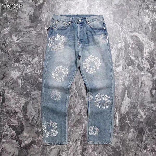 Jeans para hombres 23ss Diamond Inlaid Kapok Hombres Mujeres Azul Luz Niza Lavado Tela pesada Pantalón de mezclilla de gran tamaño