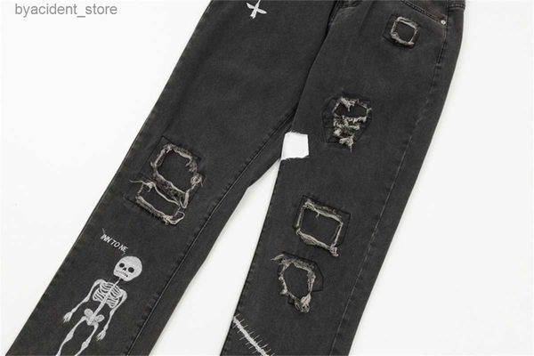 Jeans para hombres 23SS Top Craft jeans para hombre diseñador Retro Fashion High Street Agujeros rotos Jeans pintura al óleo salpicaduras pantalones de tinta L240313