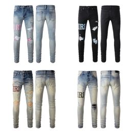 Herenjeans 24s Designer Herenjeans paarse jeans Modetrends Distressed Ripped Biker Motorbroek Heren dames sterborduurwerk paneelbroek stretch slim-fit