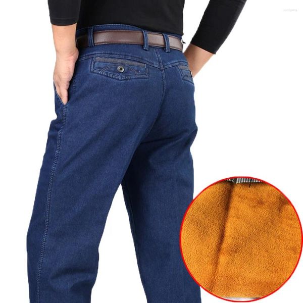 Jeans pour hommes 30-44 hiver épais polaire denim pantalon décontracté taille haute lâche long mâle solide droit baggy pour hommes classique hlx03