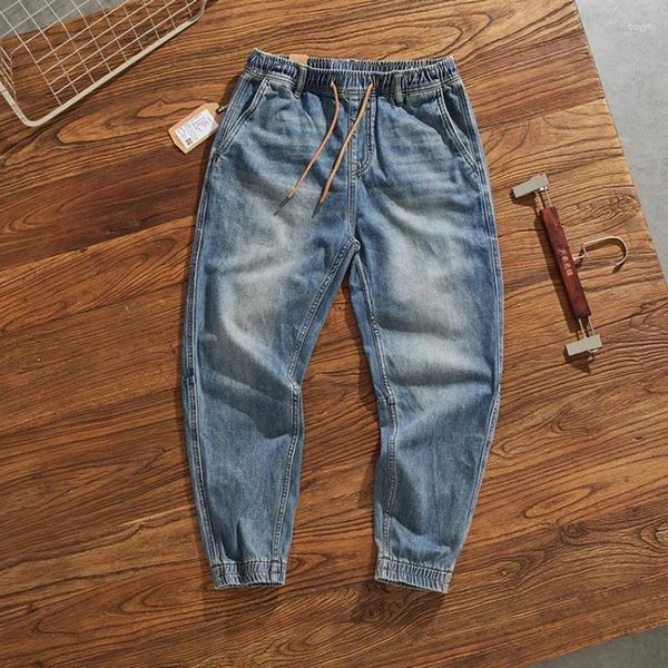 Jeans pour hommes 3265 # Automne Japonais Rétro Denim Cargo Coton Lavé Vieux Taille Élastique Cordon Droit Pantalon À La Cheville