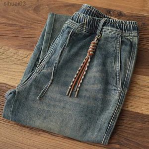 Jeans masculin 3271 # Nouveau jean denim en perles vintage japonaise Mentins 99% coton pur lavage ancienne taille élastique dessinée à ceinture droite Pantsl2403