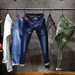 Jeans masculinos 6 cores magro branco moda elástica calças finas jean masculino marca calças preto azul verde cinza 220923