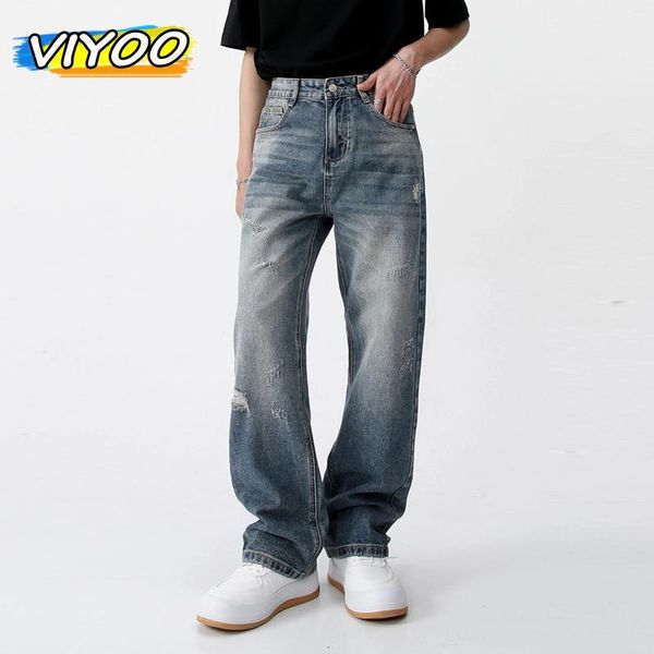 Jeans pour hommes 77% coton en détresse vintage bleu pantalon hommes pantalons en denim à jambes larges mâle streetwear décontracté y2k baggy coréen