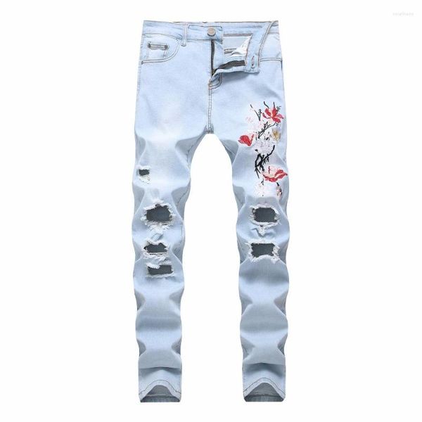 Jeans pour hommes 8 couleurs hommes déchiré 2023 mode broderie rose hommes bleu clair coupe slim stretch denim crayon pantalon 42