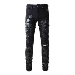 Jeans masculins A691 jeans denim pentagram épissant élastique mince high street trou jeans pantalon décontracté hommes 240423