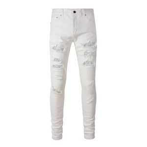 Herenjeans A7625 High Street Stretch Vintage Men Jeans Rhinestones Hole White Jeans Skinny Pants Hip Hop Style Casual Pants 240423