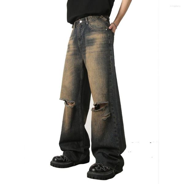 Jeans pour hommes taille réglable kaki lavé hommes ample décontracté Vintage jambe large Denim pantalon homme Streetwear Baggy pantalon