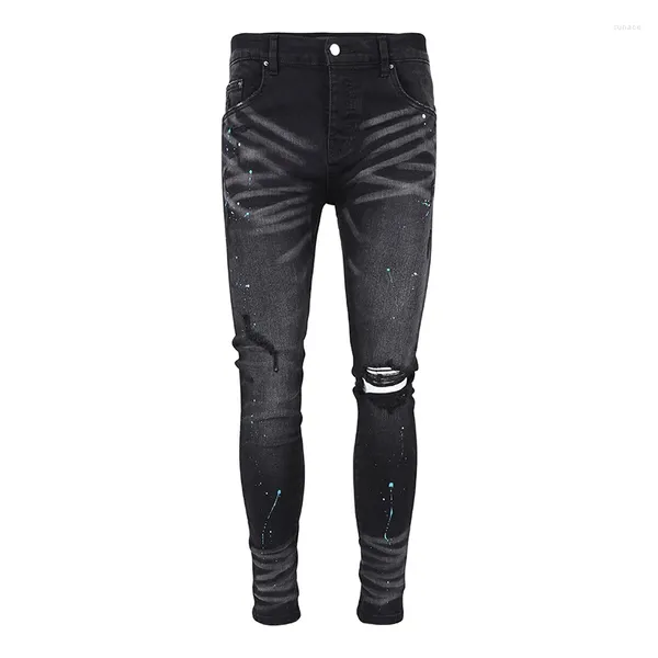 Jeans para hombres AM 2023 Streetwear Ripped Tie-Dye Impreso Estiramiento Pantalones ajustados Casual Negro Slim Fit Lápiz Pantalones