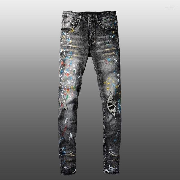 Jeans pour hommes AM Marque Pantalon Old Wash Water Stretch Jean Skinny Pantalon Retro Splash Ink Patch Biker Streetwear Ripped Denim Pant