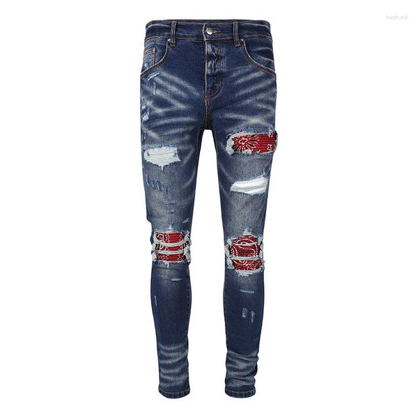 Pantalones vaqueros para hombre AM marca de moda Hip Hop Slim Fit rodilla rasgada parche rojo pantalones clásicos Vintage azul Denim recto lápiz pantalones