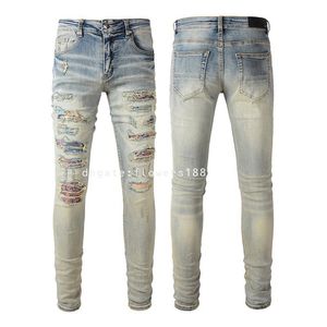 Jeans masculin Am High Street Hole Patch Jeans Patch Men's Patch Stretch Slim Fit Pantalon 876 HOMME Designer Jean de haute qualité