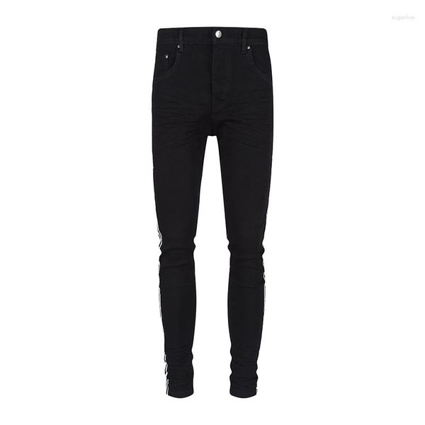 Jeans pour hommes AM Designer coréen High Street Black Straight Barrel White Edge Stripes Pantalon Printemps Mode Skinny Denim Pantalon