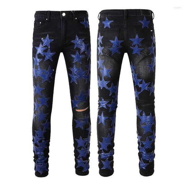 Jeans masculin Am Ripped Blue Star Prantage en cuir patch pantalon High Street Pantal