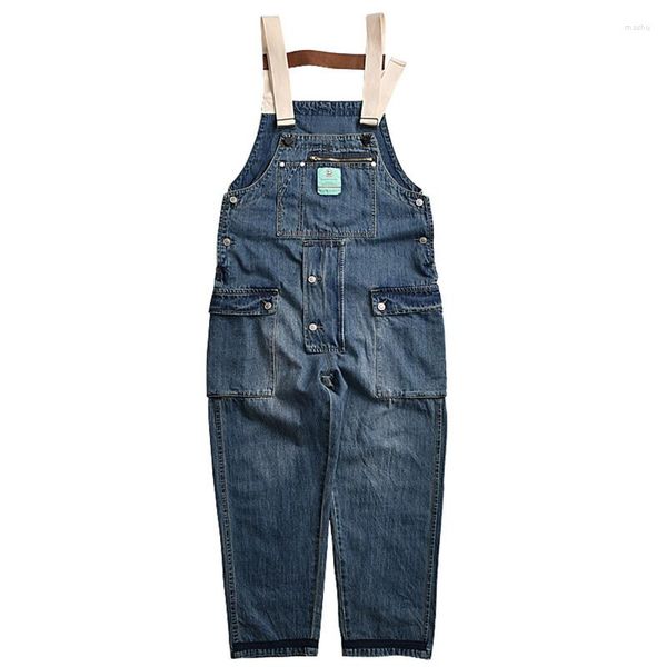 Jeans para hombre Amekaji Garment Washed Vintage Blue Men Denim Overoles Big Hip Pocket Cargo Bib con tirantes sueltos