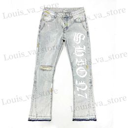 Jeans masculin American 100% coton hommes jeans évasé lettre imprimement ouvert pantalon denim lourd déchiré sur un pantalon mâle kn t240419