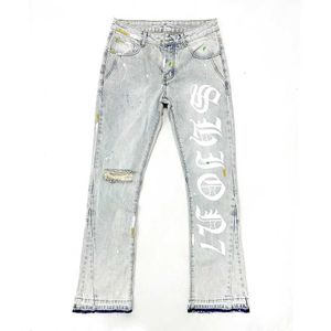 Heren jeans Amerikaans 100% katoenen heren wijd uitlopende jeansbrief afdrukken open hem denim broek zwaargewicht gescheurd op Kn mannelijke broek T240515