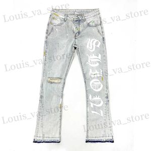 Heren jeans Amerikaans 100% katoenen heren wijd uitlopende jeansbrief afdrukken open hem denim broek zwaargewicht gescheurd op Kn mannelijke broek T240419